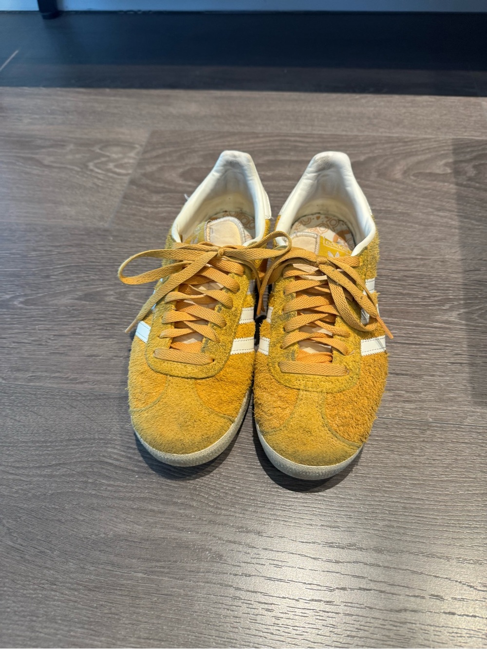 adidas Women's Gazelle Suede Sneakers, Mustard Yellow with White leather strips